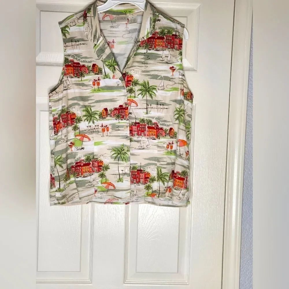 Vtg Erika XL 90s Hawaiian Tropical Print BeachTheme Button Down Women's Shirt